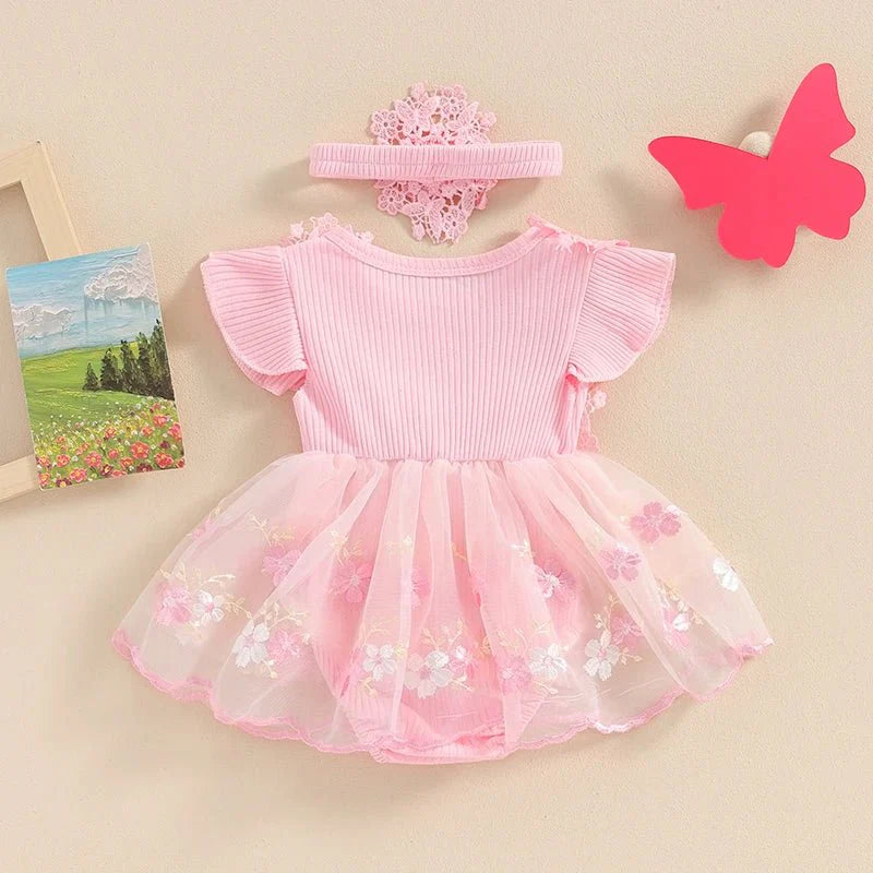 Vestido Tule Bordadinho Flores | 0-18 Meses
